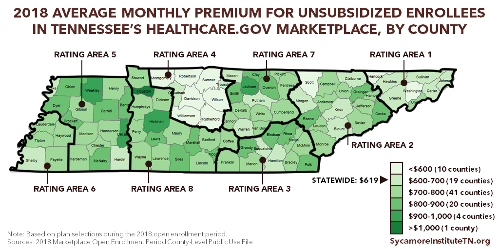 2018 Average Monthly Premium for Unsubsidized Enrollees in Tennessee's Healthcare.gov Marketplace, by County (Map)