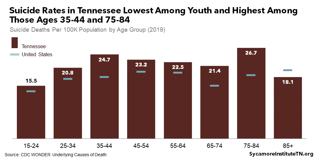 Suicide Rates in Tennessee Lowest Among Youth and Highest Among Those Ages 35-44 and 75-84