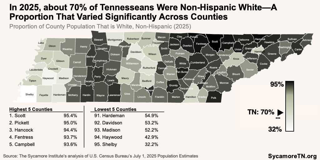 In 2025, about 70% of Tennesseans Were Non-Hispanic White—A Proportion That Varied Significantly Across Counties